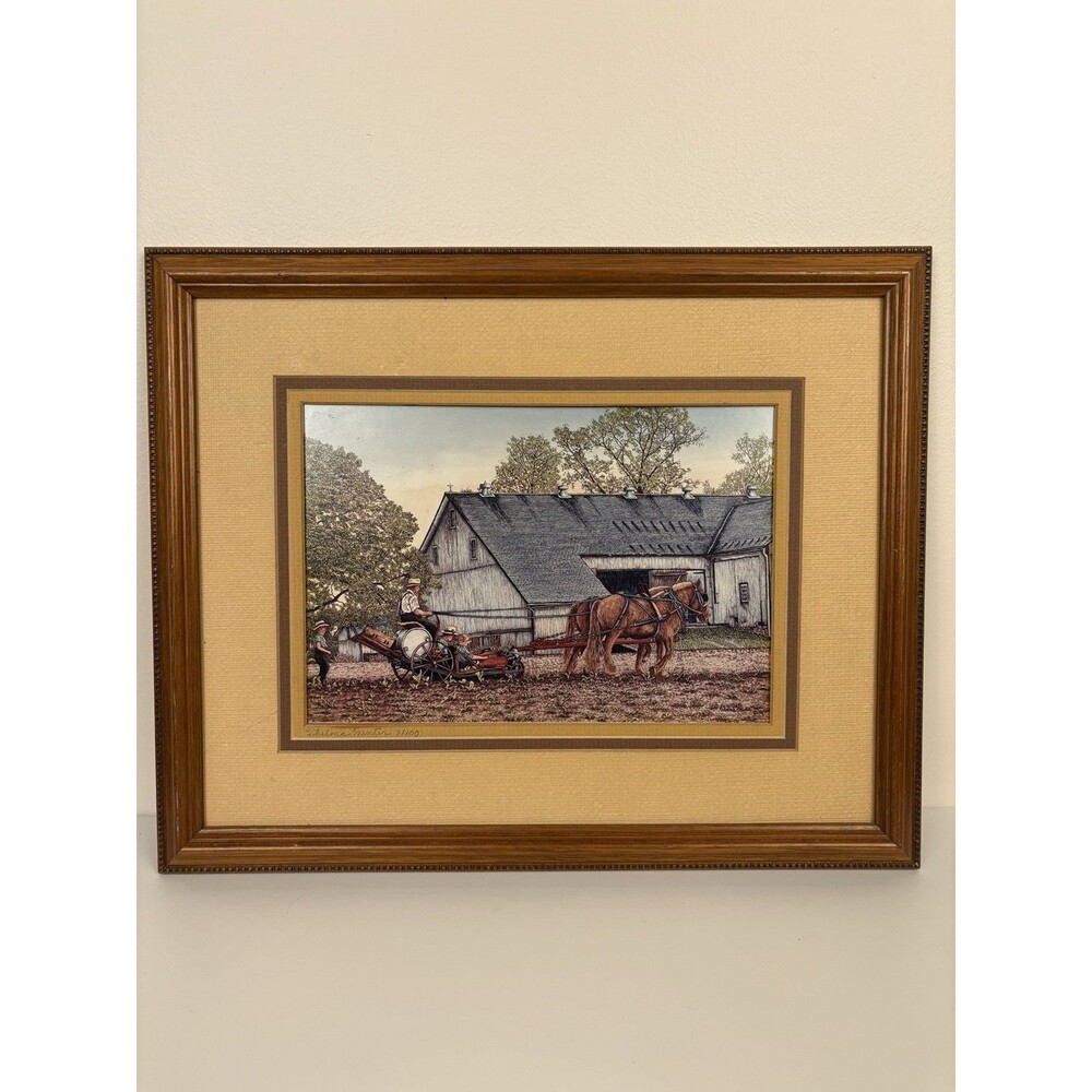 Signed Thelma Winter Art Print Planting Time Matted Framed Amish Farm Horses